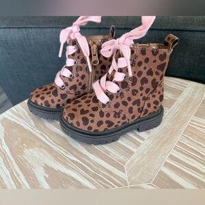 Cat & Jack|Baby toddler girl Leopard Print Kids chunky combat Boots w Pink Lace•